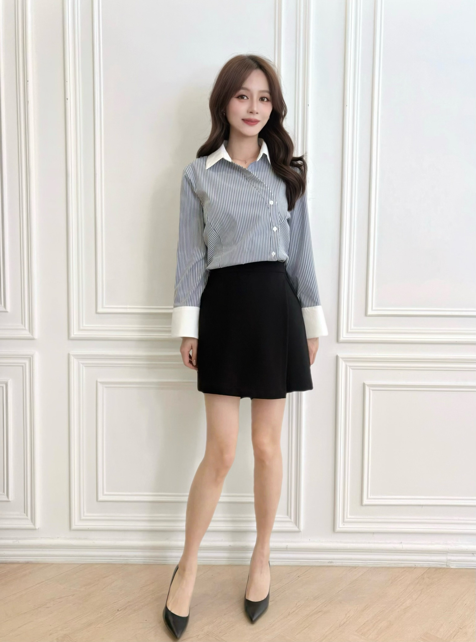 圓弧側釦撞色領條紋上衣