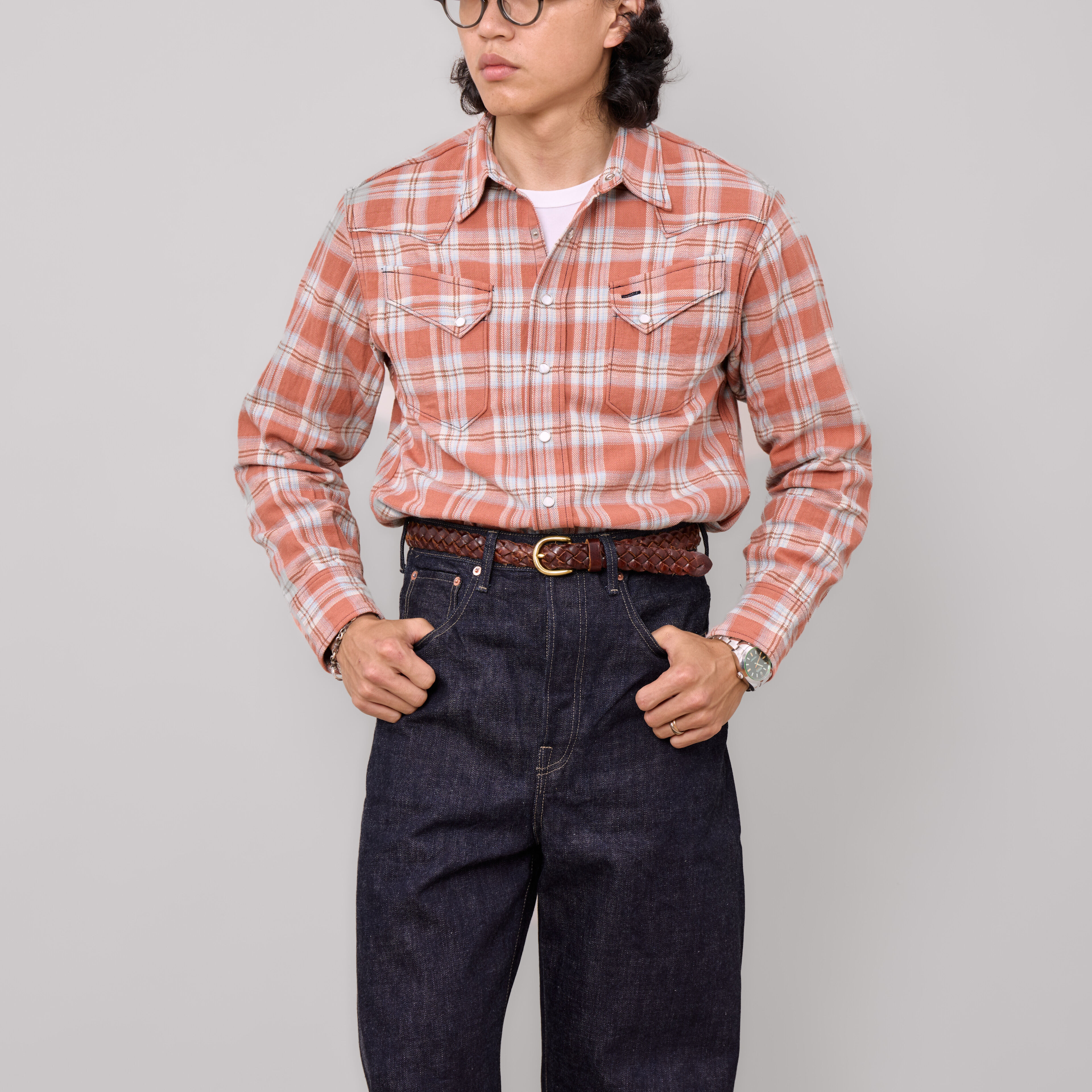 SUGAR CANE - WASHER HERRINGBONE CHECK L/S WESTERN SHIRT