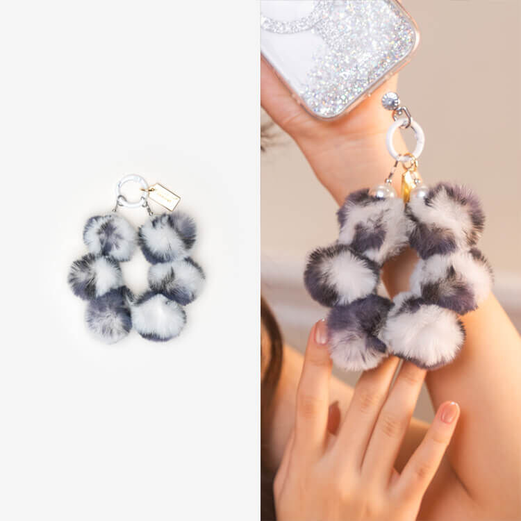 豹紋毛毛Q球珍珠 (黑白) 手腕繩 短掛繩 手機掛繩 毛球 手機提鍊