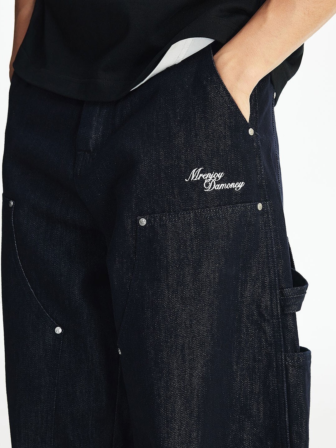 MEDM  重磅牛仔布 皺褶廓型 休閒復古 鉚釘 直筒牛仔褲 長褲