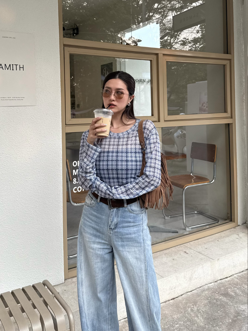 A3385-復古格紋網格上衣