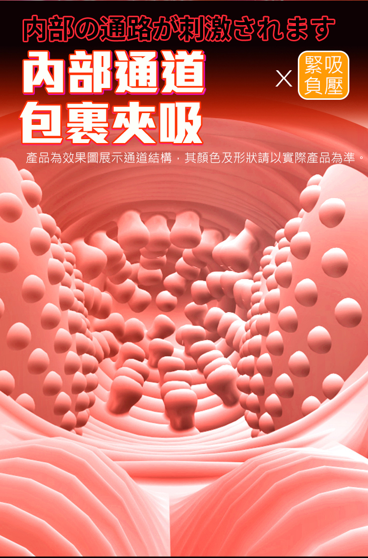 {空}氣負壓，包裹夾吸，男生的敏感區主要集中在頂端位置，內包裹結構可以更好的刺激頂部。 立體通道刺激，特有的螺旋狀結構可排出內部多餘空氣運用，空氣動力學實現激爽的吮吸快感。
