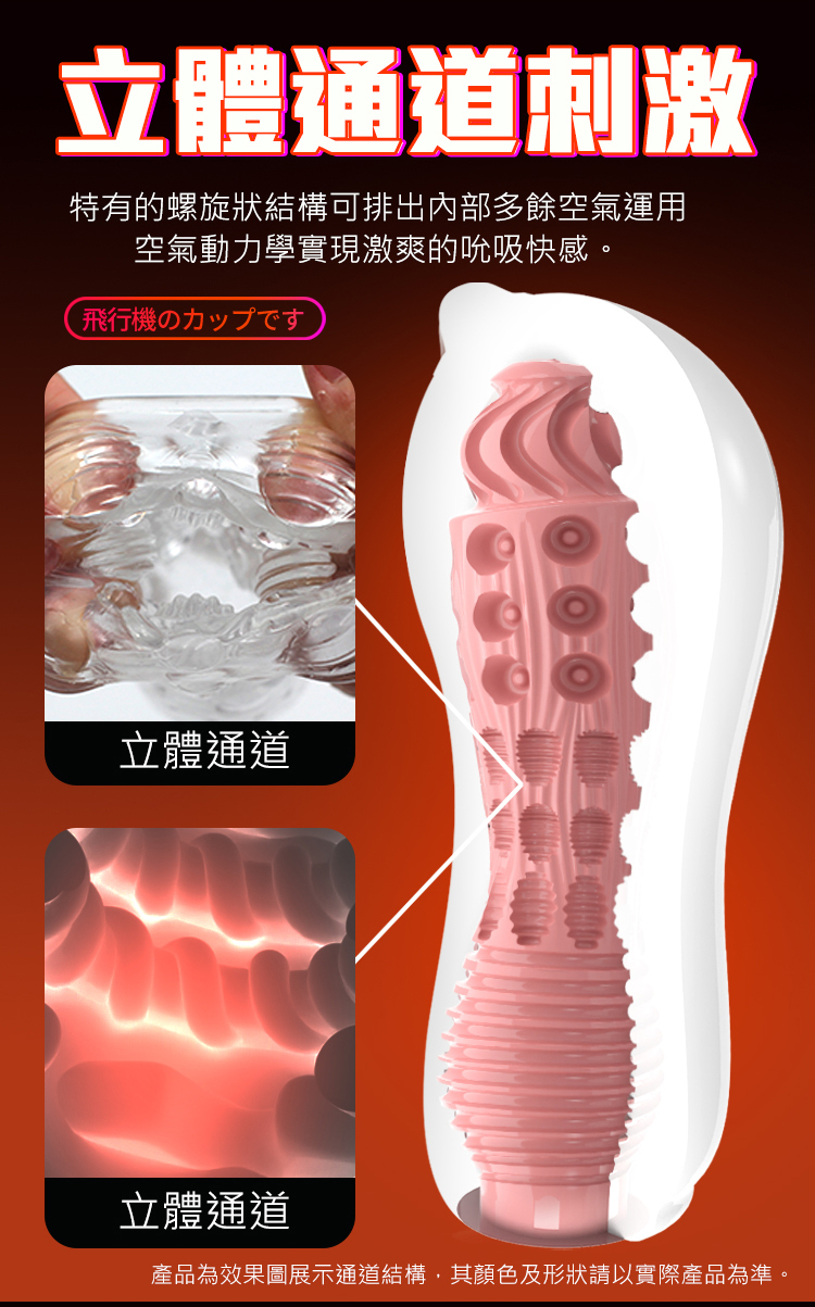 {空}氣負壓，包裹夾吸，男生的敏感區主要集中在頂端位置，內包裹結構可以更好的刺激頂部。 立體通道刺激，特有的螺旋狀結構可排出內部多餘空氣運用，空氣動力學實現激爽的吮吸快感。