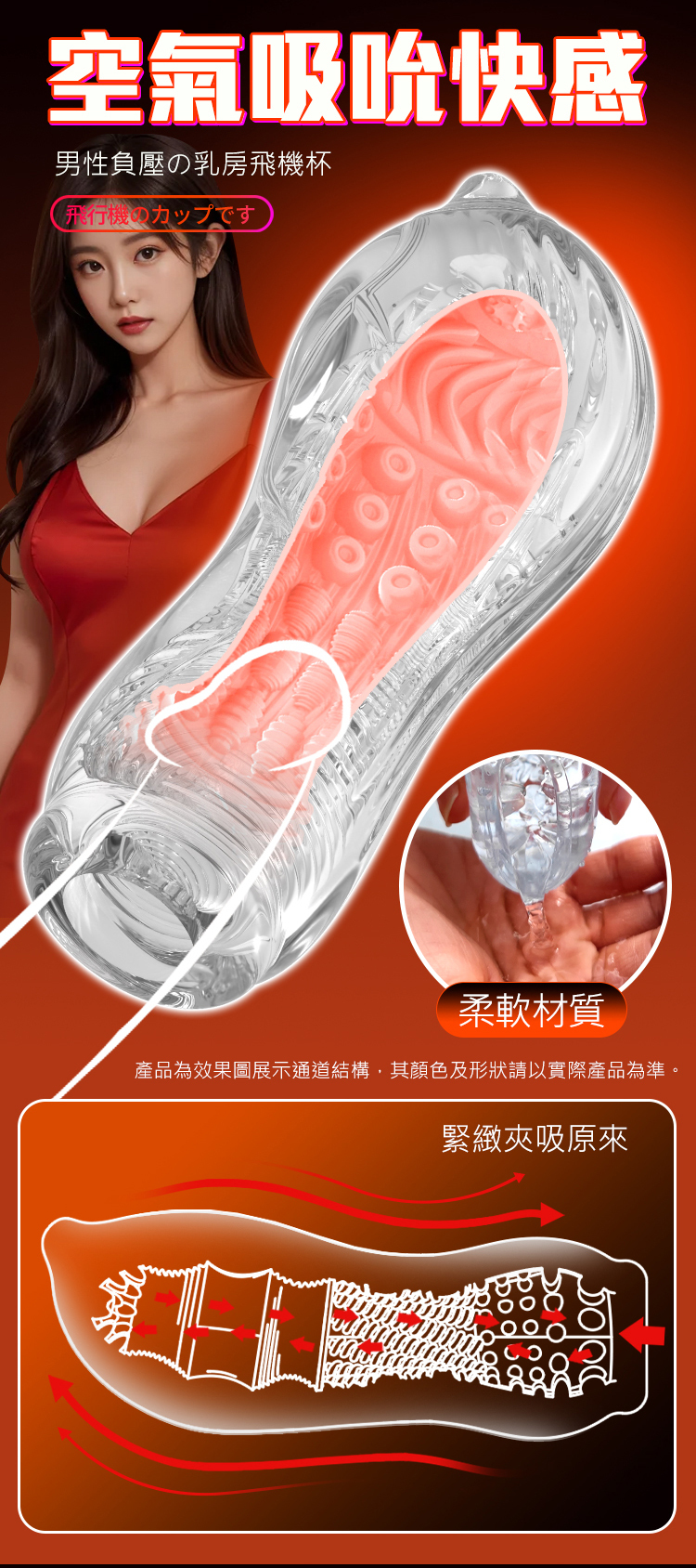 {空}氣負壓，包裹夾吸，男生的敏感區主要集中在頂端位置，內包裹結構可以更好的刺激頂部。 立體通道刺激，特有的螺旋狀結構可排出內部多餘空氣運用，空氣動力學實現激爽的吮吸快感。