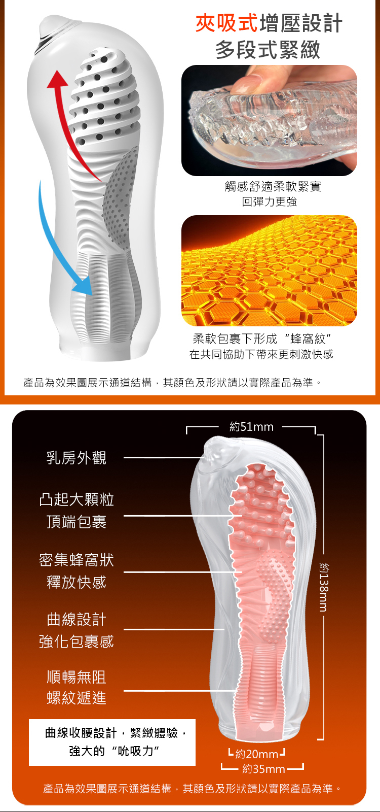 {空}氣負壓，包裹夾吸，男生的敏感區主要集中在頂端位置，內包裹結構可以更好的刺激頂部。 立體通道刺激，特有的螺旋狀結構可排出內部多餘空氣運用，空氣動力學實現激爽的吮吸快感。
