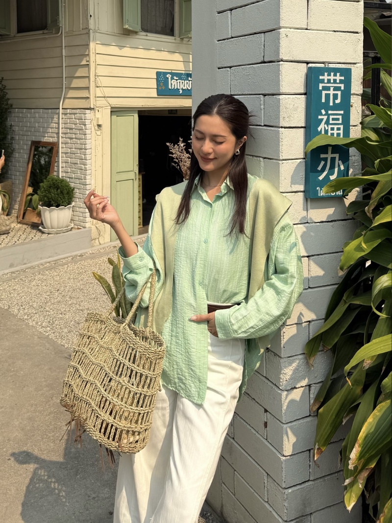 A3389-直紋棉麻襯衫(附披肩)