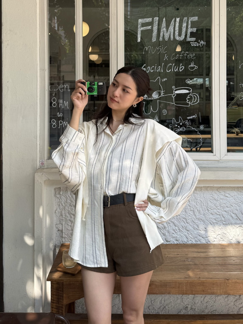 A3389-直紋棉麻襯衫(附披肩)