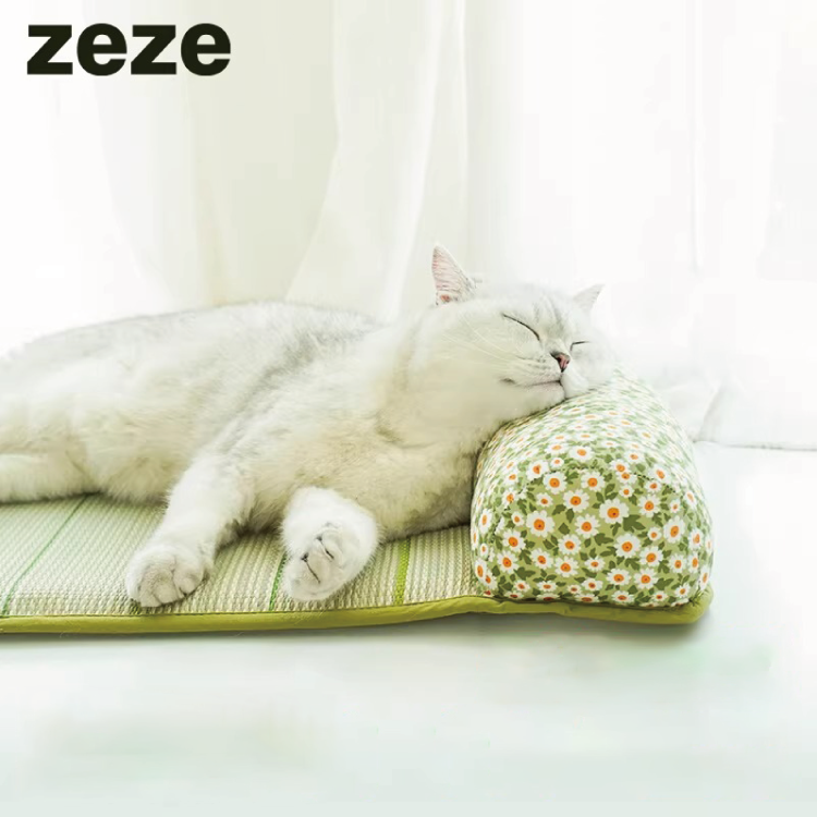 Zeze 寵物夏日竹蓆床仔 - 綠色小雛菊 (T型)