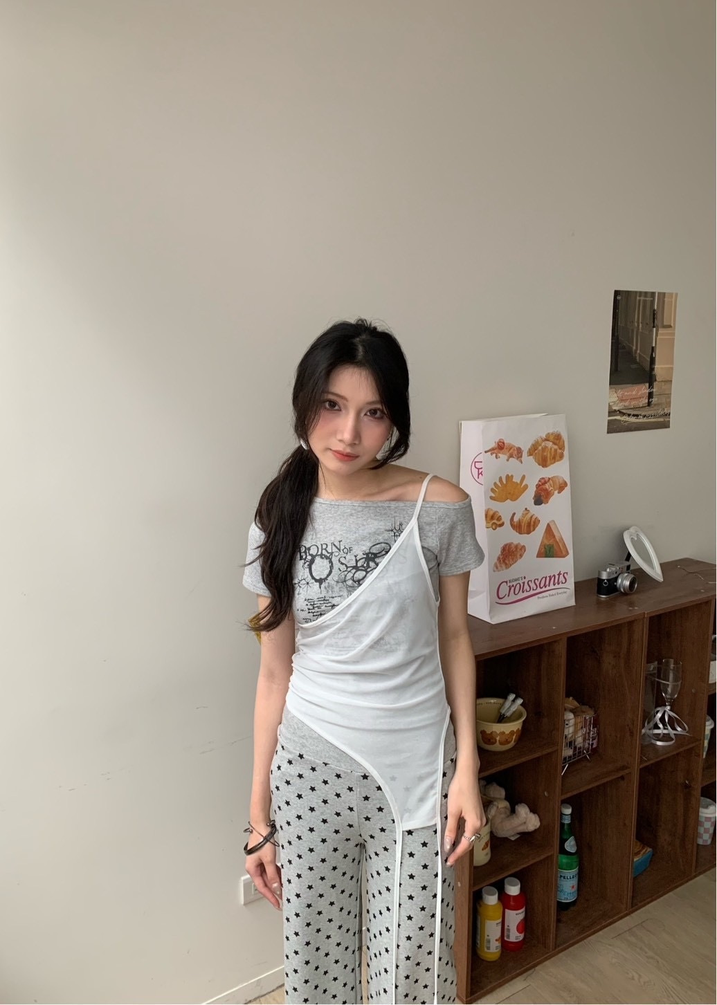 B193氣質疊穿網紗拼接上衣