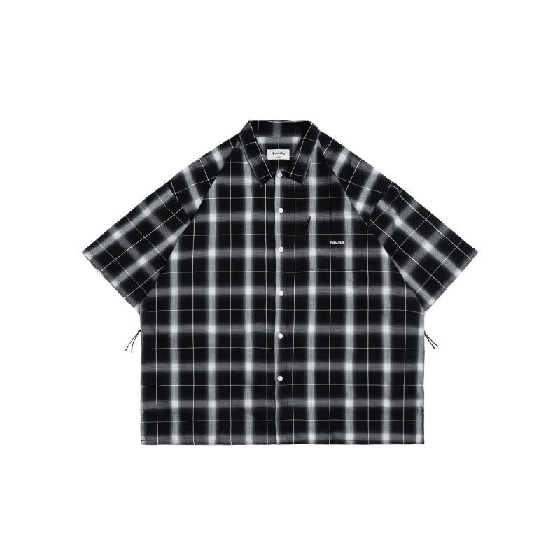 PERSEVERE BRAND LOGO LOOSE-FIT SHIRT DARK GREY / BLACK & WHITE PLAID FULL SIZE