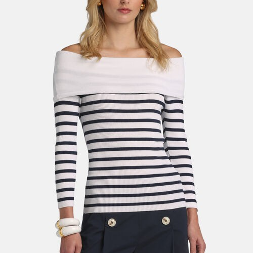 1LS1015-177 [LUISA SPAGNOLI] Colonnade Bardot-Neck Sweater White #100395 0201 1209 (C-K11-E)