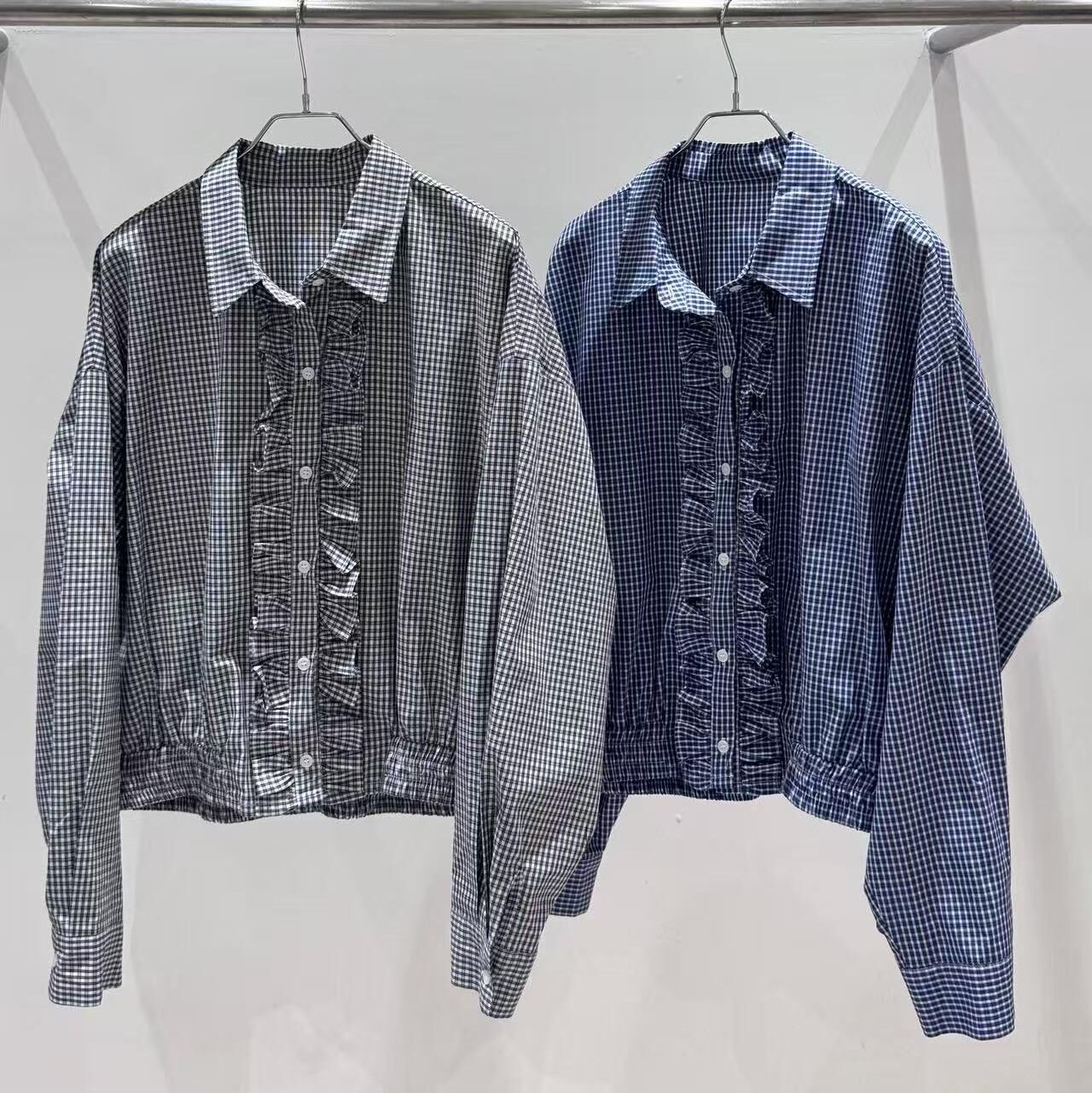 BL6042 日系花邊格仔束口短恤衫