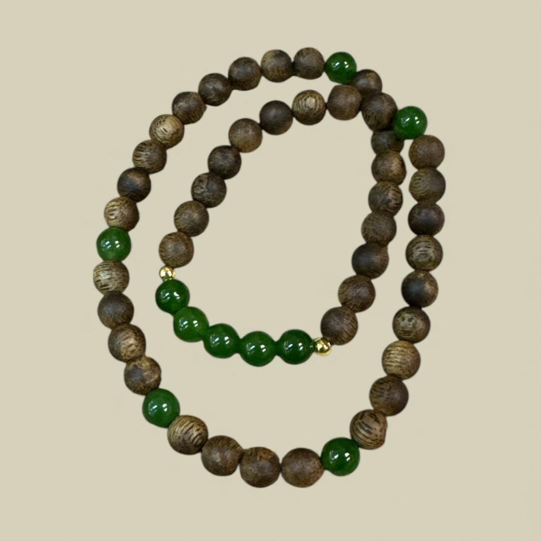 A46 天然綠奇楠沉香圓珠6mm雙圈手串配和田玉碧玉