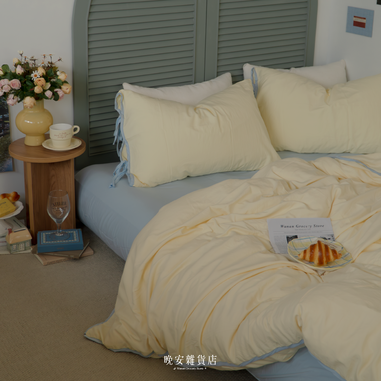 蝴蝶結絲帶拼接水洗棉【奶油薄荷蛋糕】床單床包組