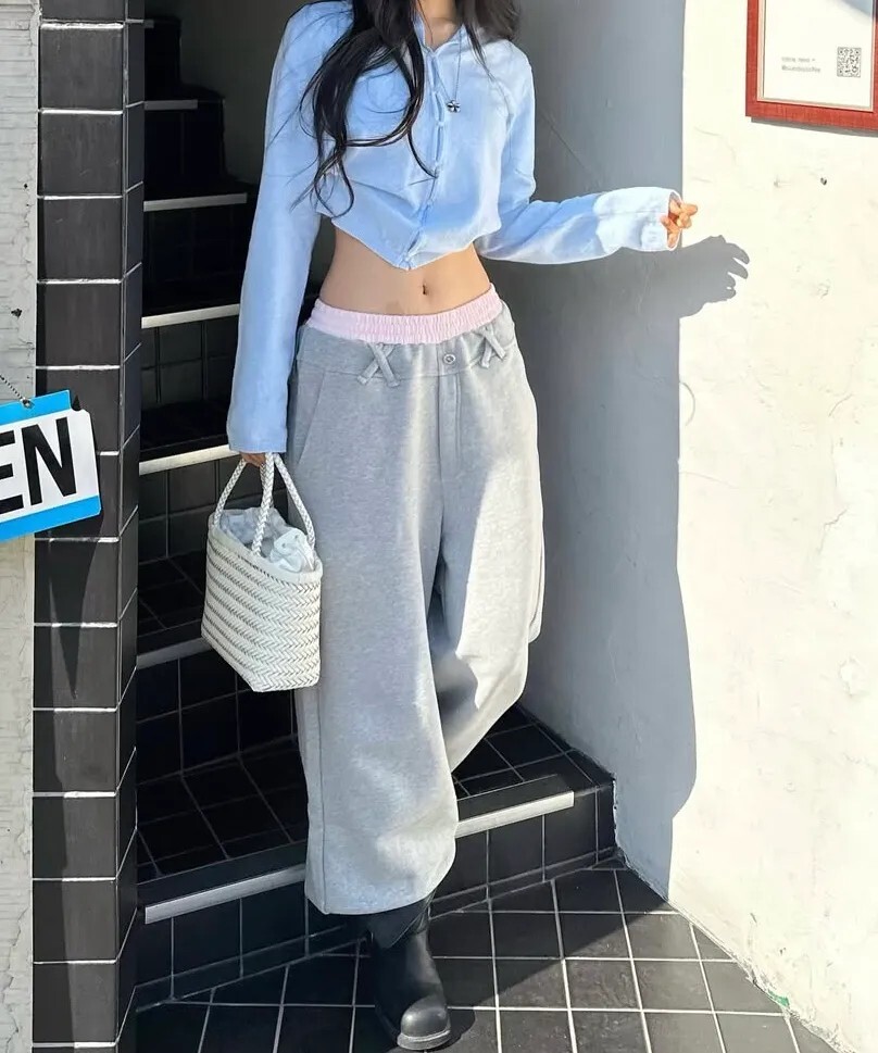 【預購】韓國 NYXX STITCH 刺繡 口袋 慢跑褲 休閒褲 灰粉