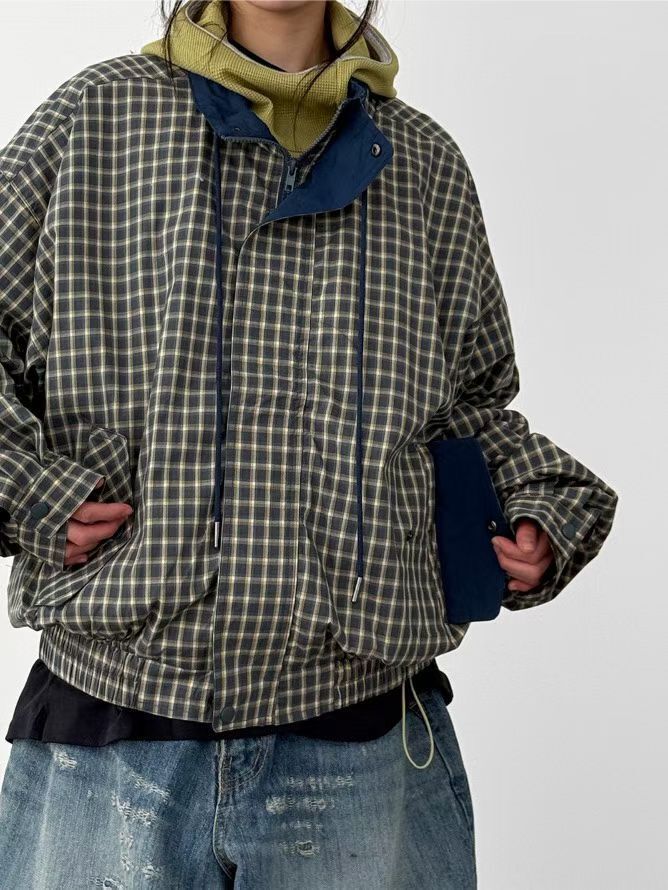 格仔/淨色企領拉鍊外套 GARMENTS-071JK