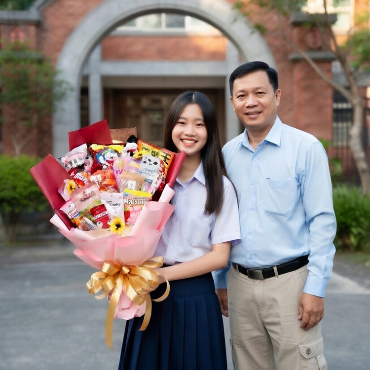 台灣高中女生開心微笑,手持大花束,旁邊站著穿藍襯衫與休閒長褲的爸爸,背景為校園拱門與植物。