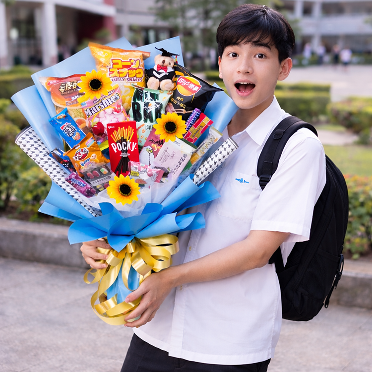一名穿白色制服、背黑色後背包的學生站在戶外,手裡抱著一大束藍色包裝的零食花束。花束裡有多種餅乾、糖果、洋芋片和幾朵向日葵裝飾,還綁著金色蝴蝶結。學生張大嘴巴露出驚喜開心的表情,背景是模糊的校園景色。