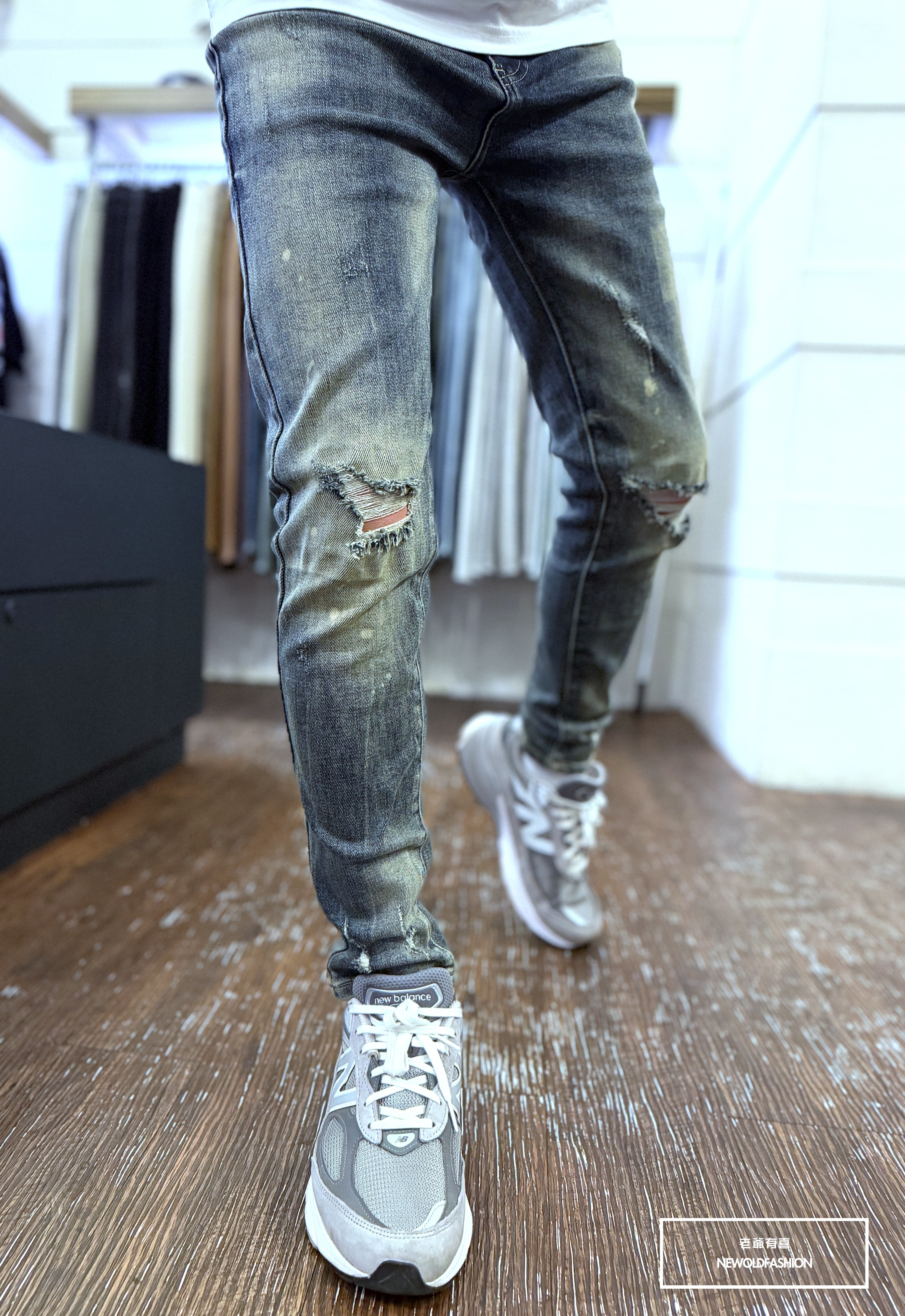 『新品上市』重磅鐵灰藍白印膝破壞小直筒褲(NOF26041026)