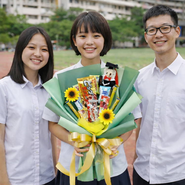 三名身穿白色制服的學生站在校園操場上,中間一人手持綠黃包裝的零食花束,花束上有兩朵向日葵裝飾與金黃色緞帶,並放置一隻戴畢業帽和學士服的小玩偶,背景是校舍與綠樹,呈現慶祝或畢業氛圍。