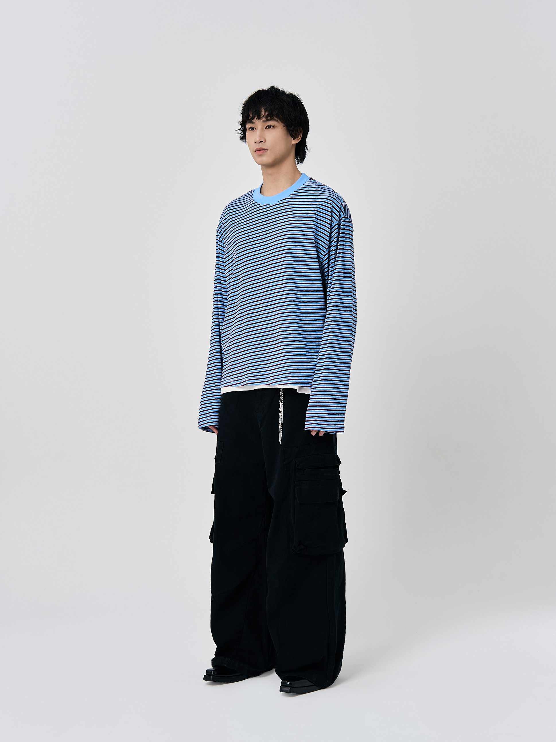 棉紗條紋短版長袖
