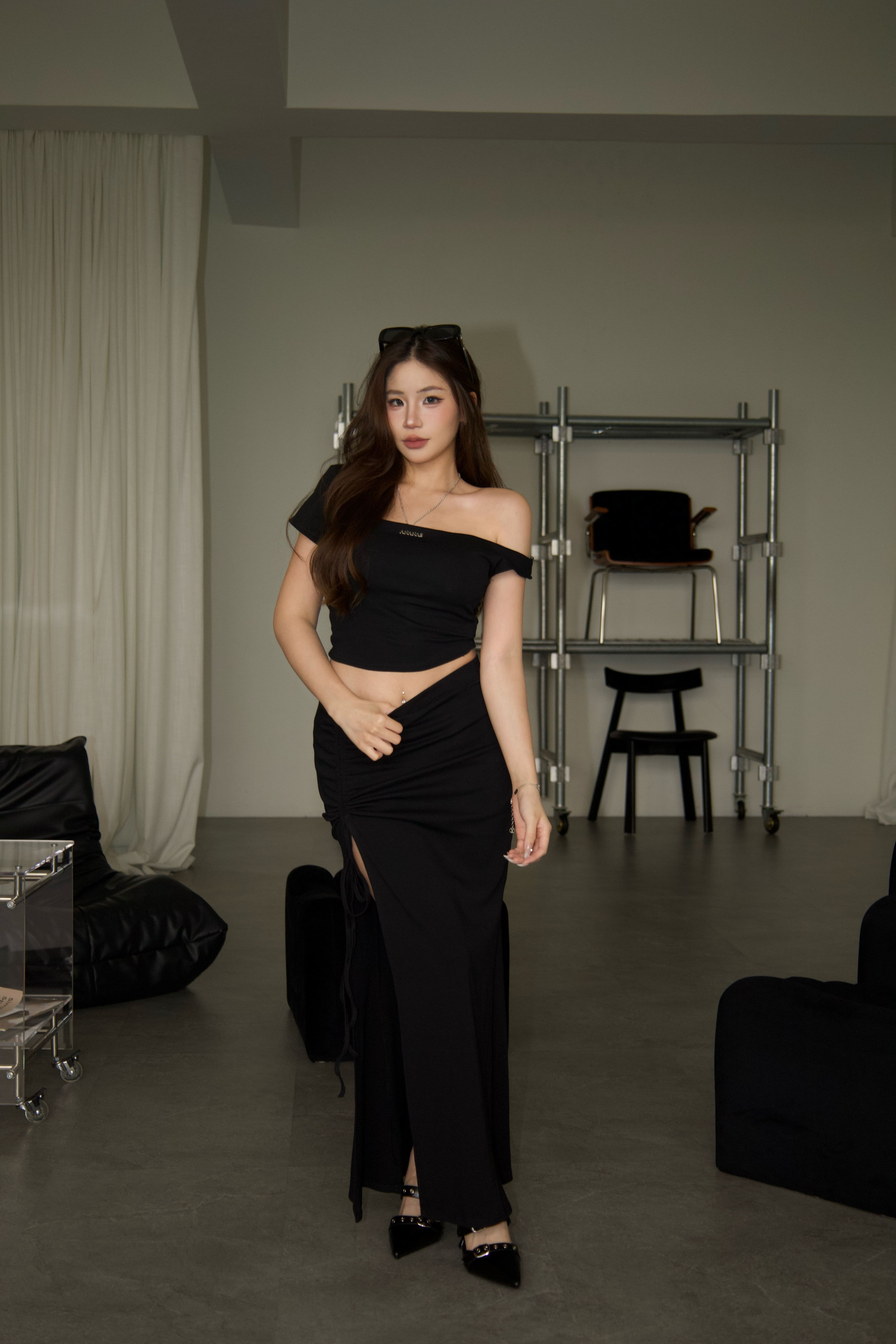 [ Ananas自訂款✨ ] 斜肩紐結抓皺長裙套裝