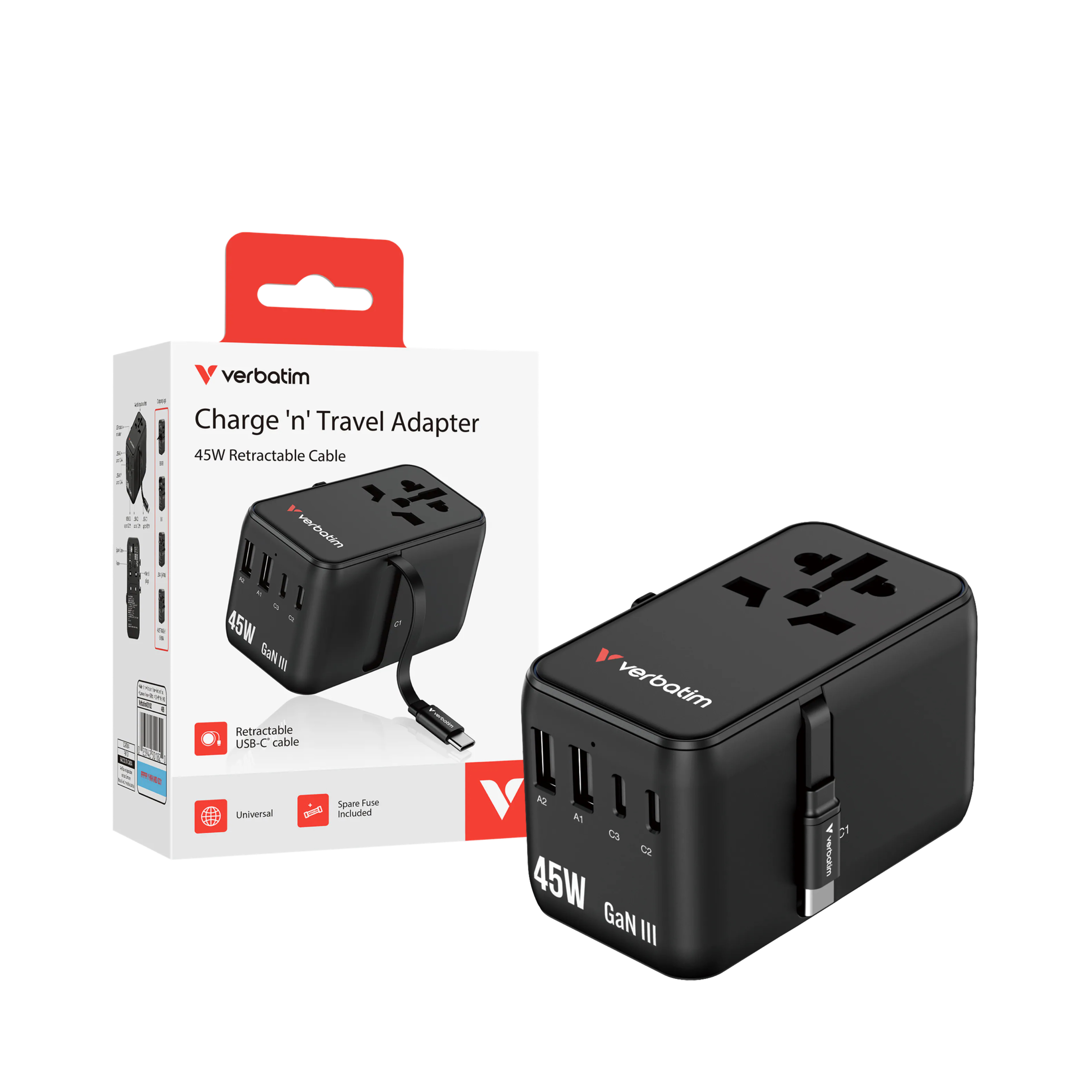 Verbatim Charge 'n' Travel 45W 通用旅行轉插 (附USB-C可伸縮充電線)