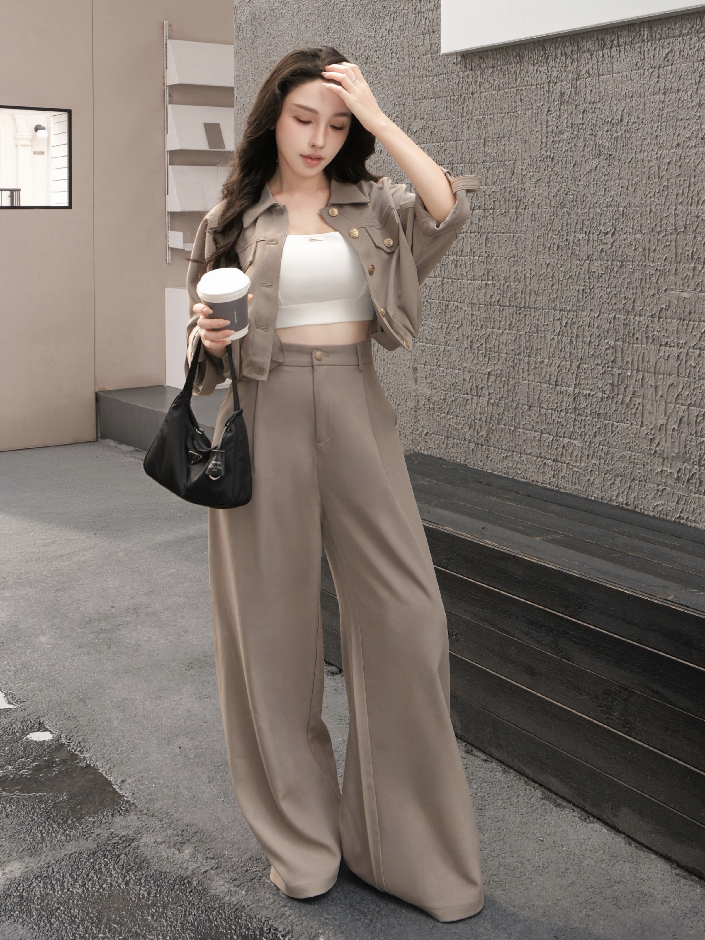 訂製-柔霧簡約單釦寬褲