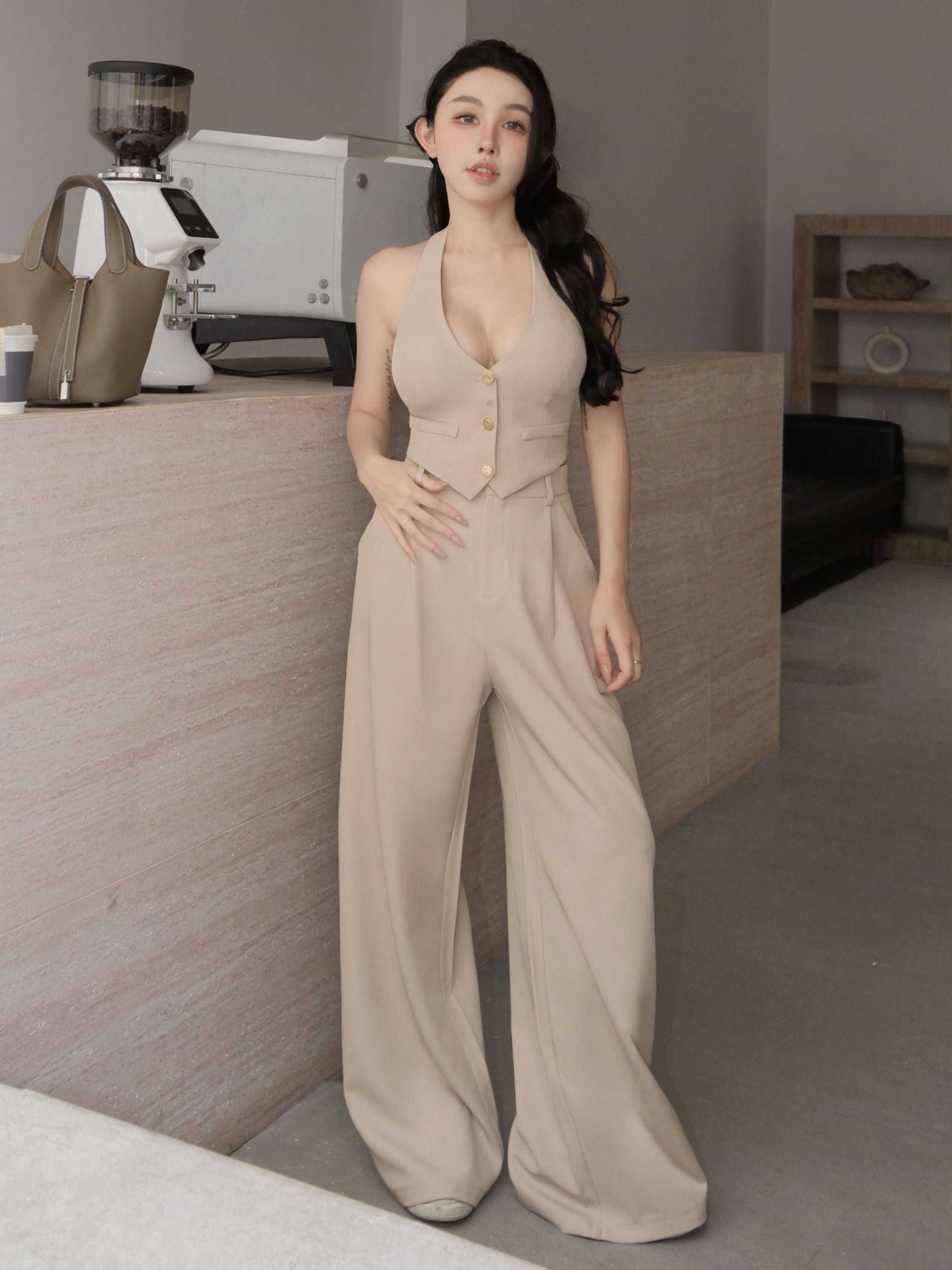 訂製-柔霧簡約單釦寬褲