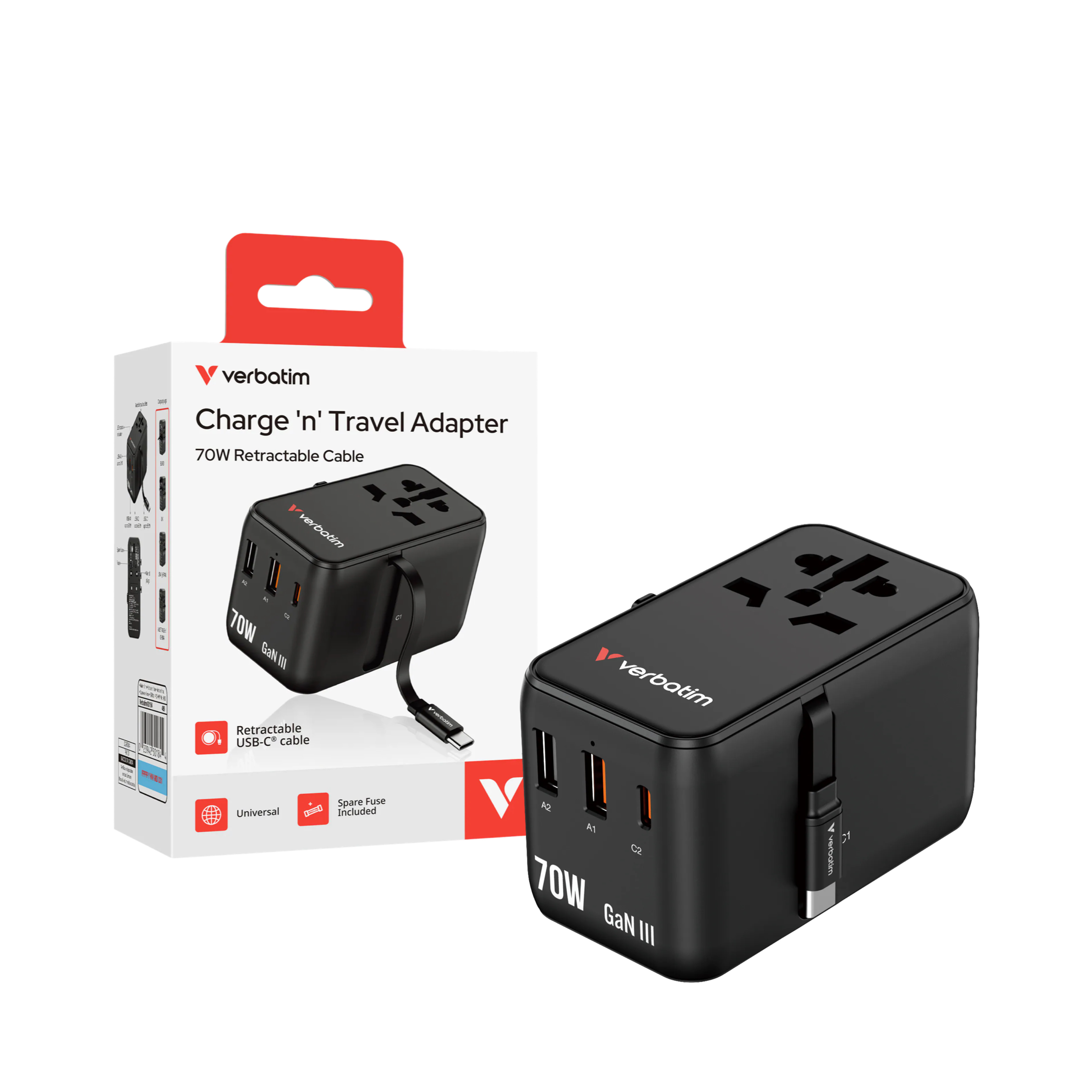 Verbatim Charge 'n' Travel 70W 通用旅行轉插 (附USB-C可伸縮充電線)