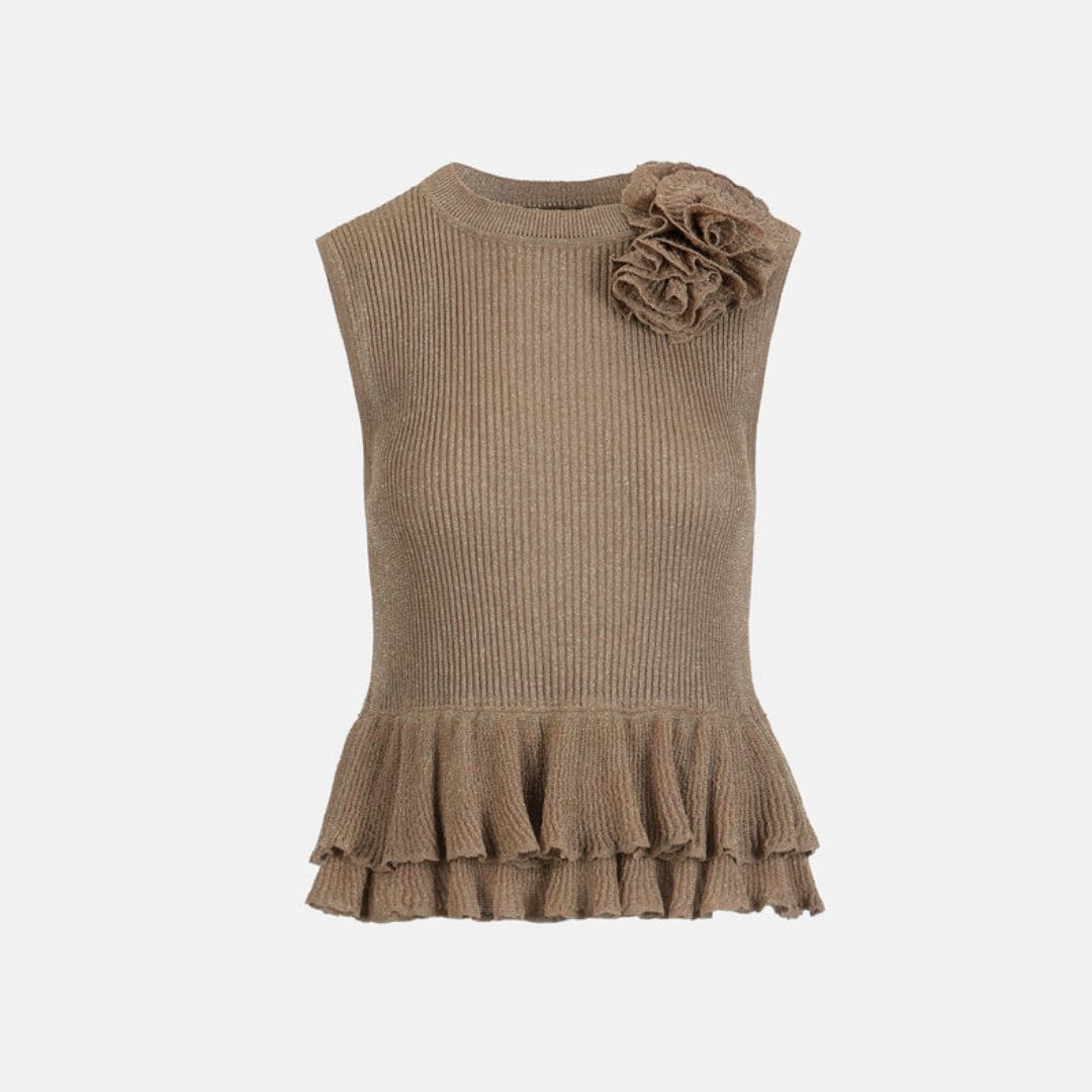 1LS1015-179 [LUISA SPAGNOLI] Zanella Ruffle-Embellished Lurex Vest Gold #100399 3434 (C-K11-E)