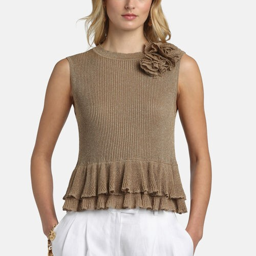 1LS1015-179 [LUISA SPAGNOLI] Zanella Ruffle-Embellished Lurex Vest Gold #100399 3434 (C-K11-E)