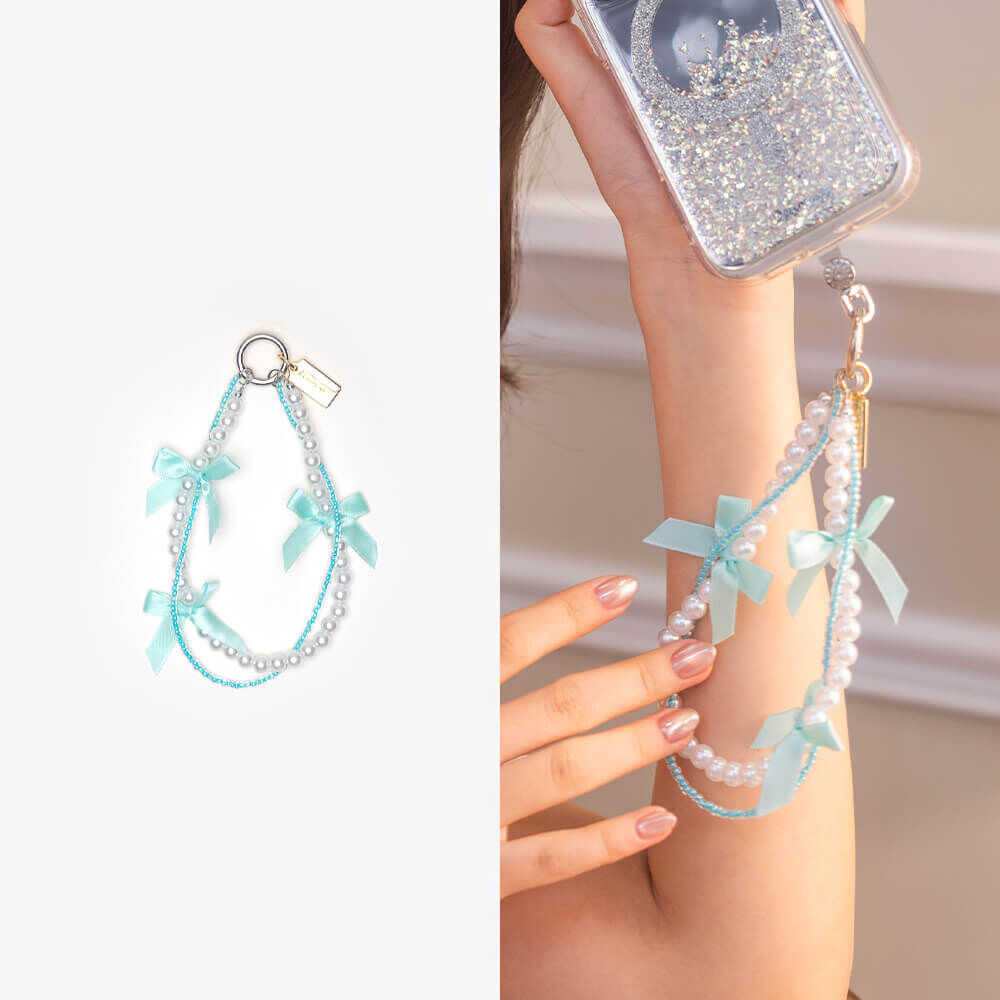 浪漫環繞珍珠蝴蝶結 (芬尼綠) 串珠手腕繩 短掛繩  手機掛繩