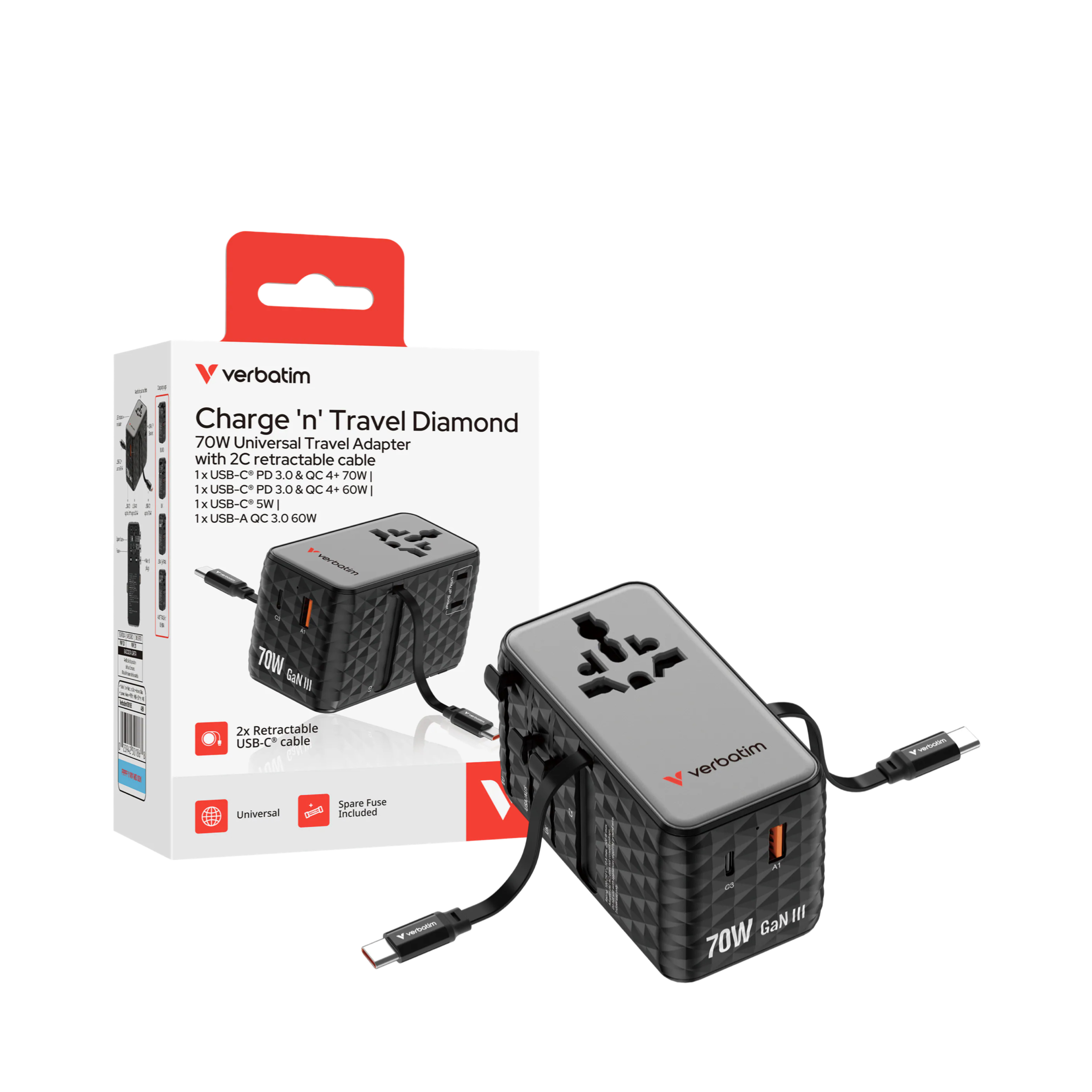 Verbatim Charge 'n' Travel Diamond 70W 通用旅行轉插 (附雙USB-C可伸縮充電線)