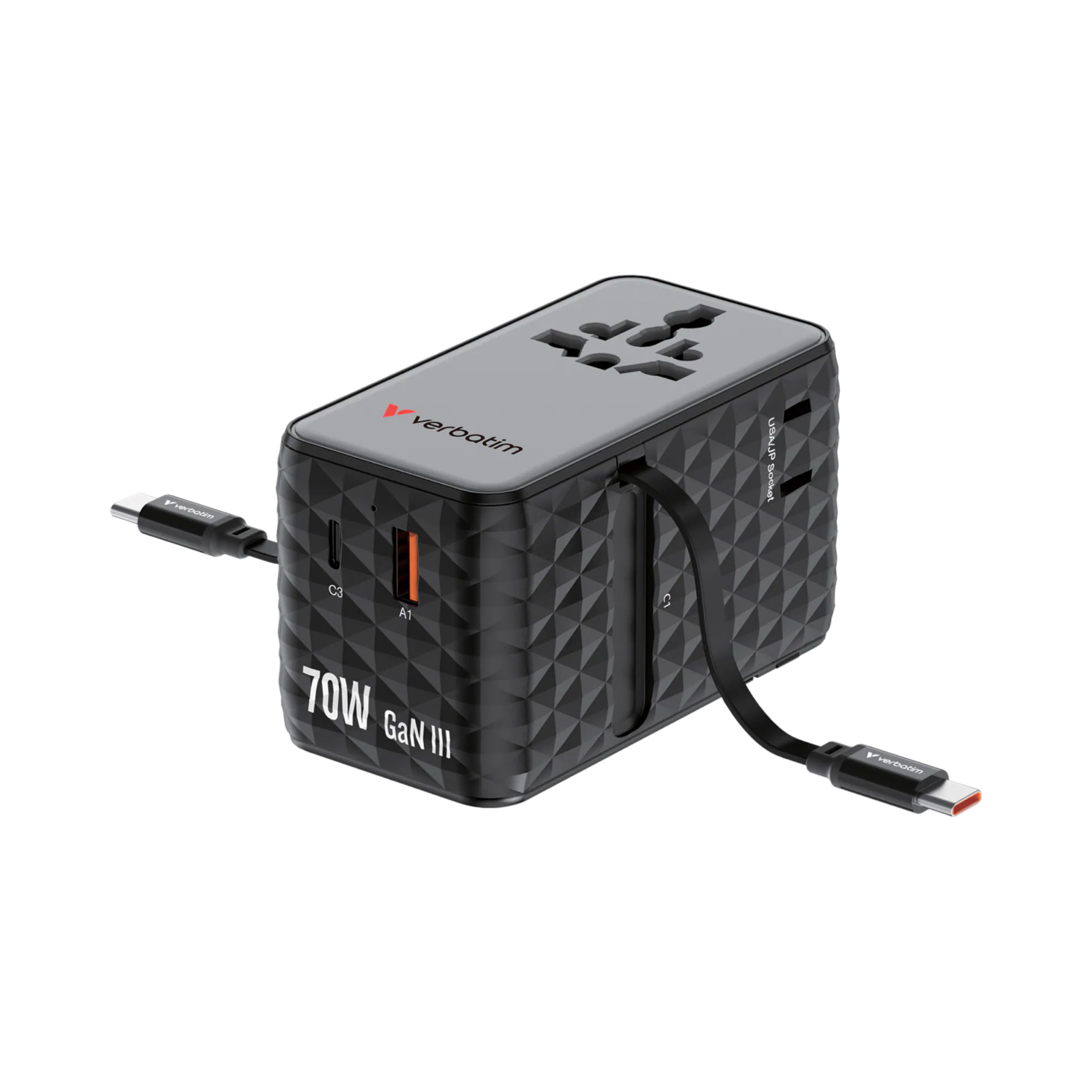 Verbatim Charge 'n' Travel Diamond 70W 通用旅行轉插 (附雙USB-C可伸縮充電線)
