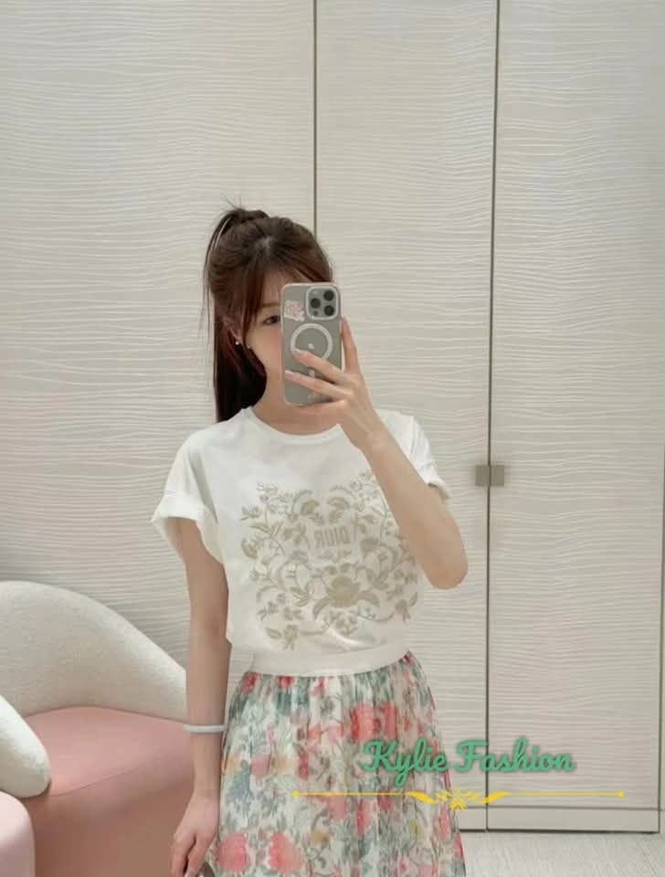 DIOR Kids 白色 刺繡花卉圖案 Tee