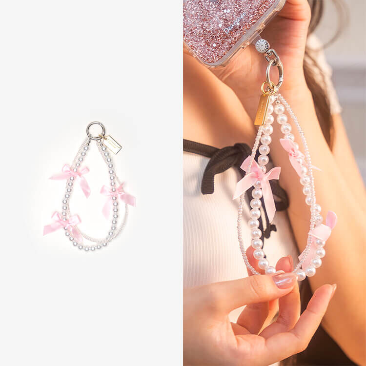浪漫環繞珍珠蝴蝶結 (芭蕾粉) 串珠手腕繩 短掛繩 手機掛繩