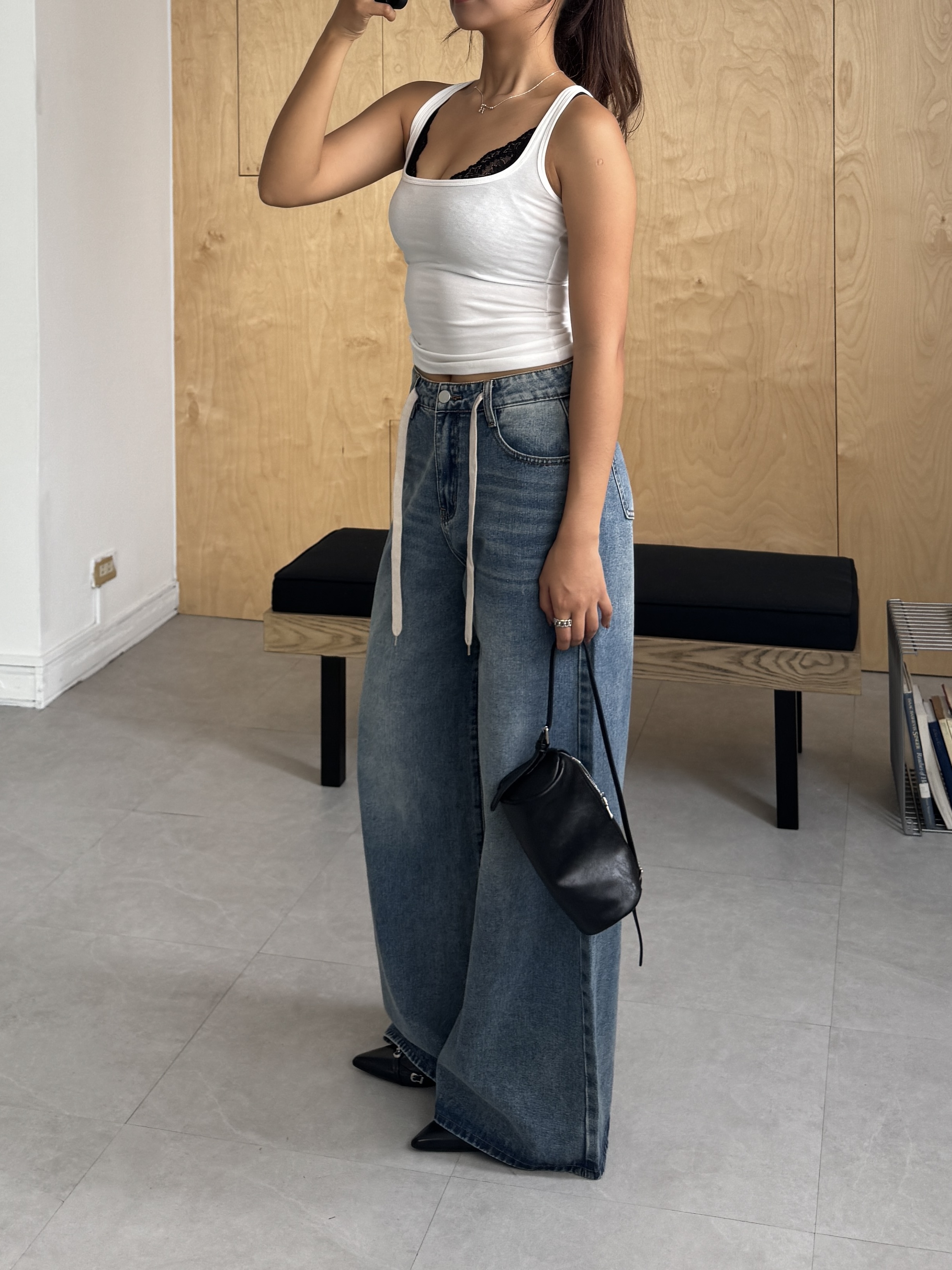 復古抽繩直筒牛仔褲