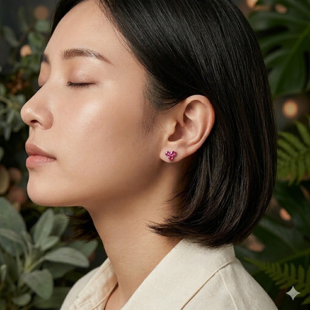 全新18K白金74份粉紅藍寶石耳環