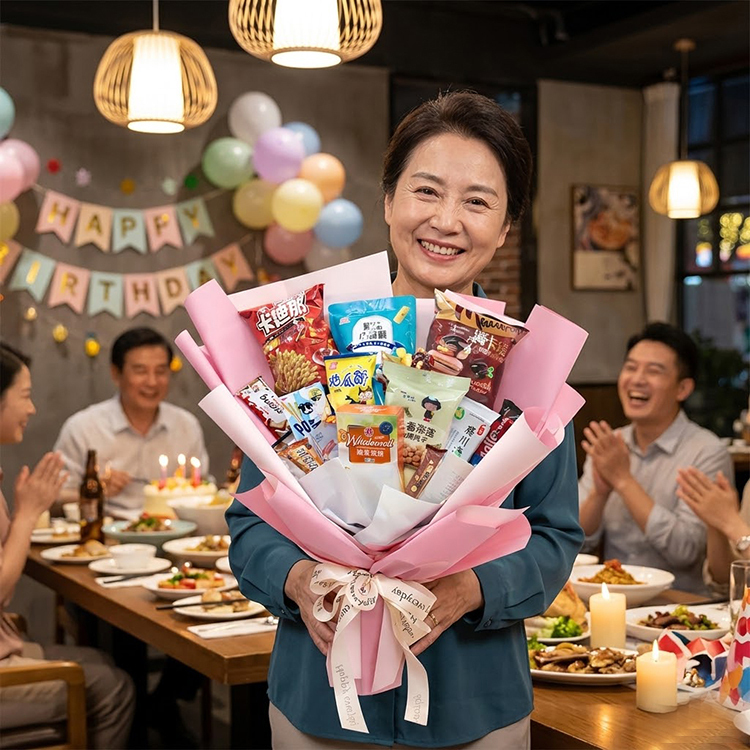 一位面帶燦爛笑容的中年女性，在熱鬧的生日聚餐背景中，雙手捧著一束約 65 公分高的粉紅色大型零食花束。