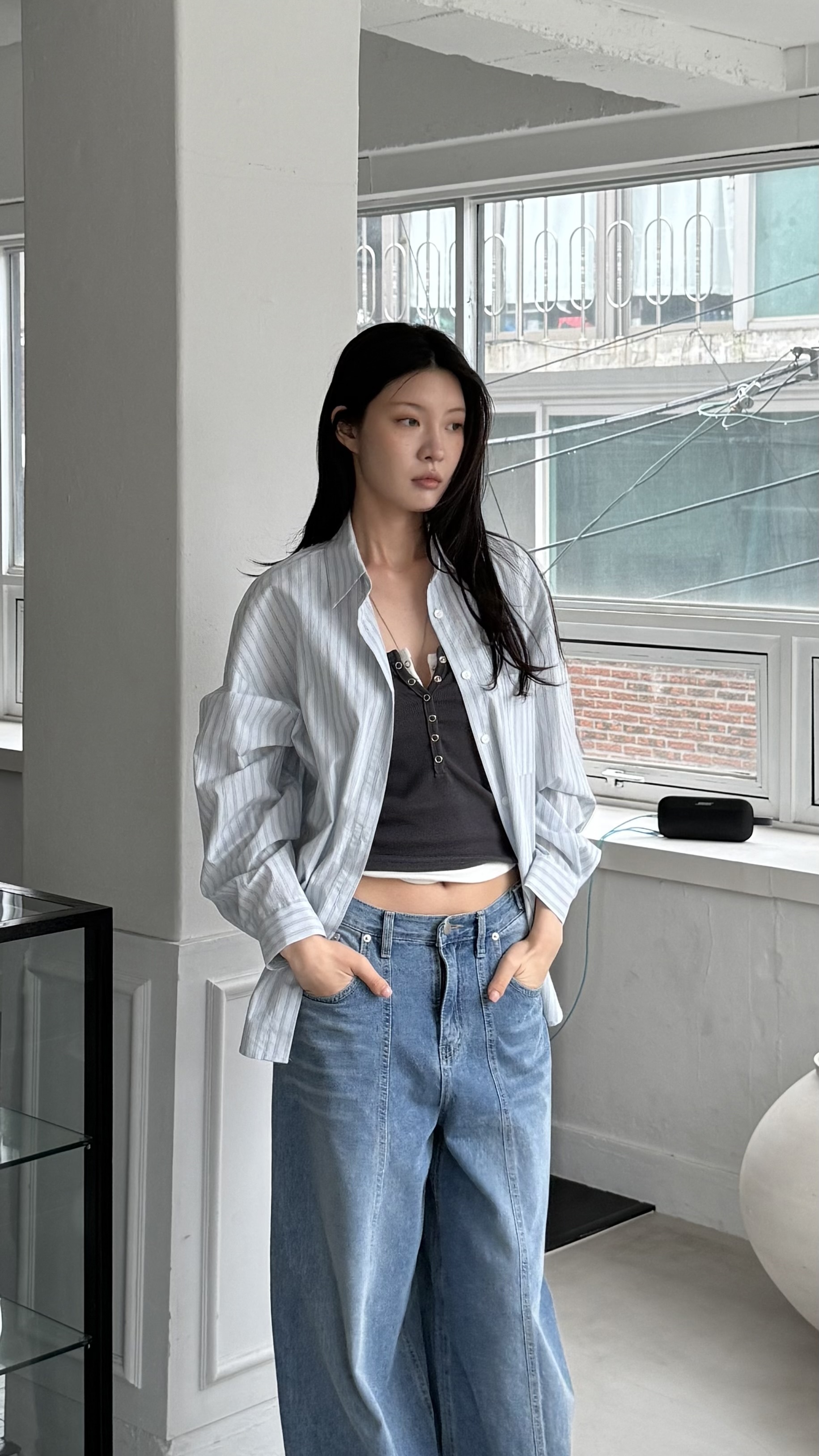 挺版條紋襯衫(檸檬黃/天空藍)