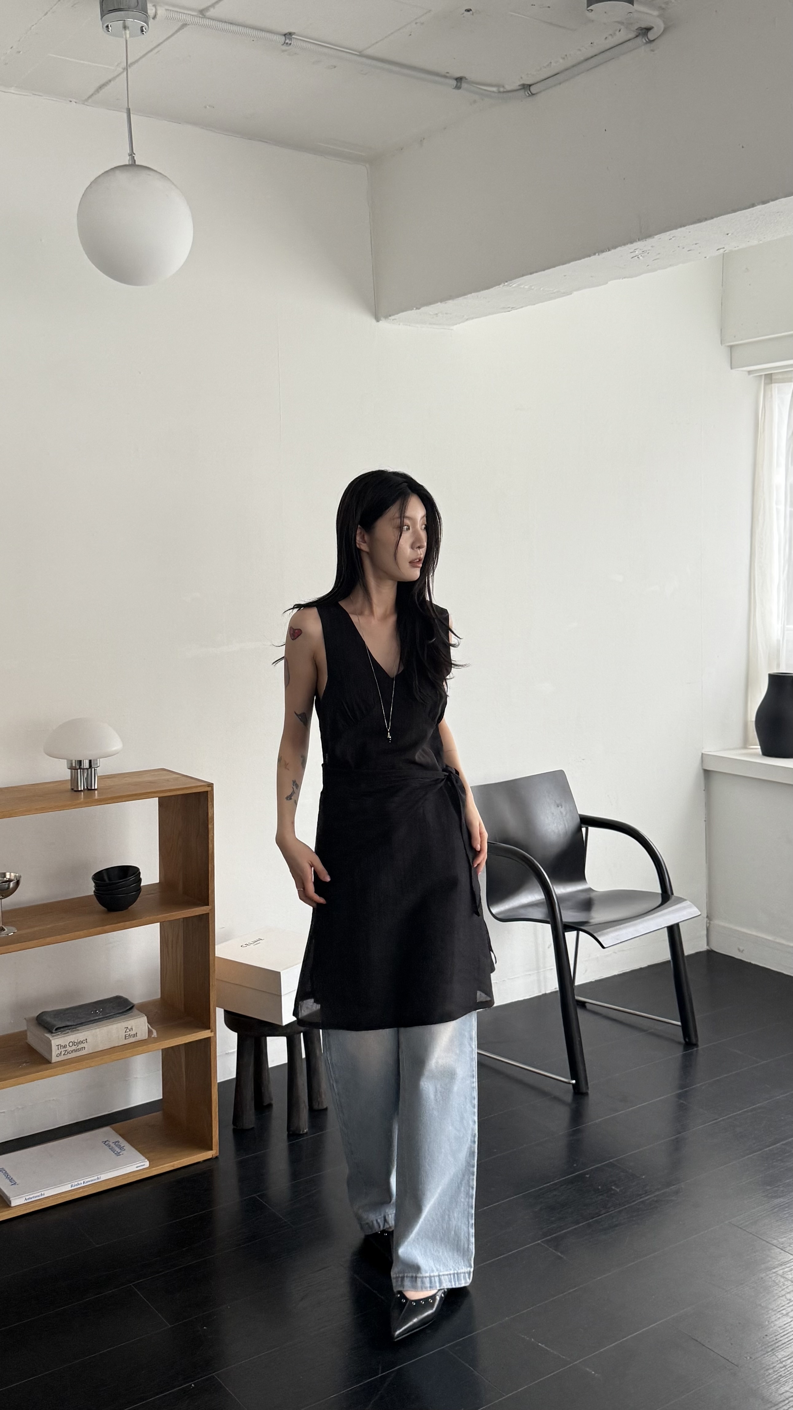 透視感罩衫洋裝附屁裙(霧灰/黑)