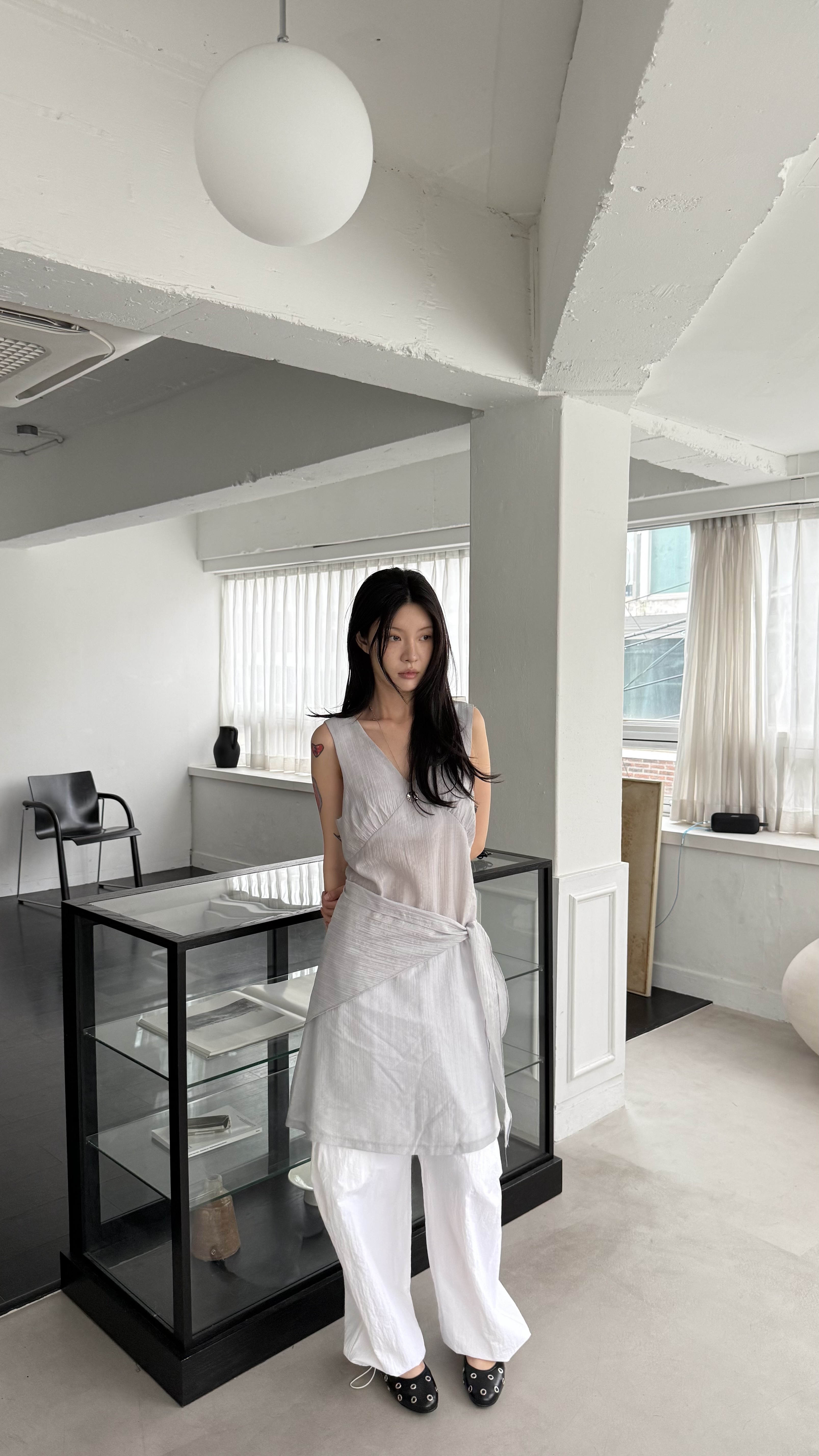 透視感罩衫洋裝附屁裙(霧灰/黑)