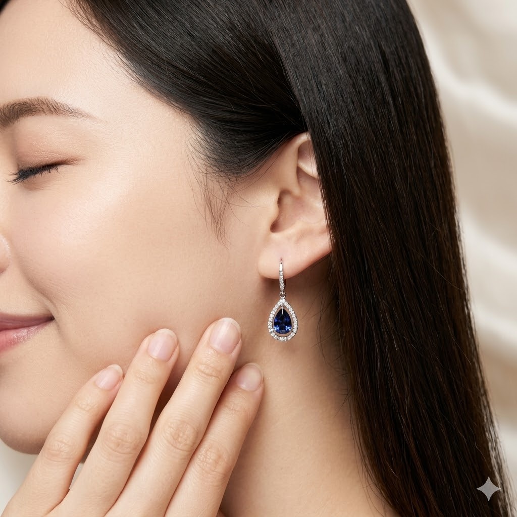 全新18K白金【主石1卡88份藍寶石】配31份鑽石吊耳環