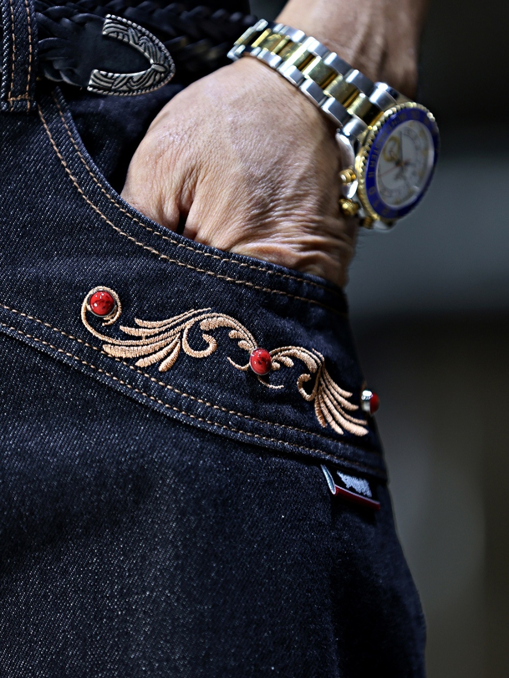 西部口袋刺繡原色牛仔褲