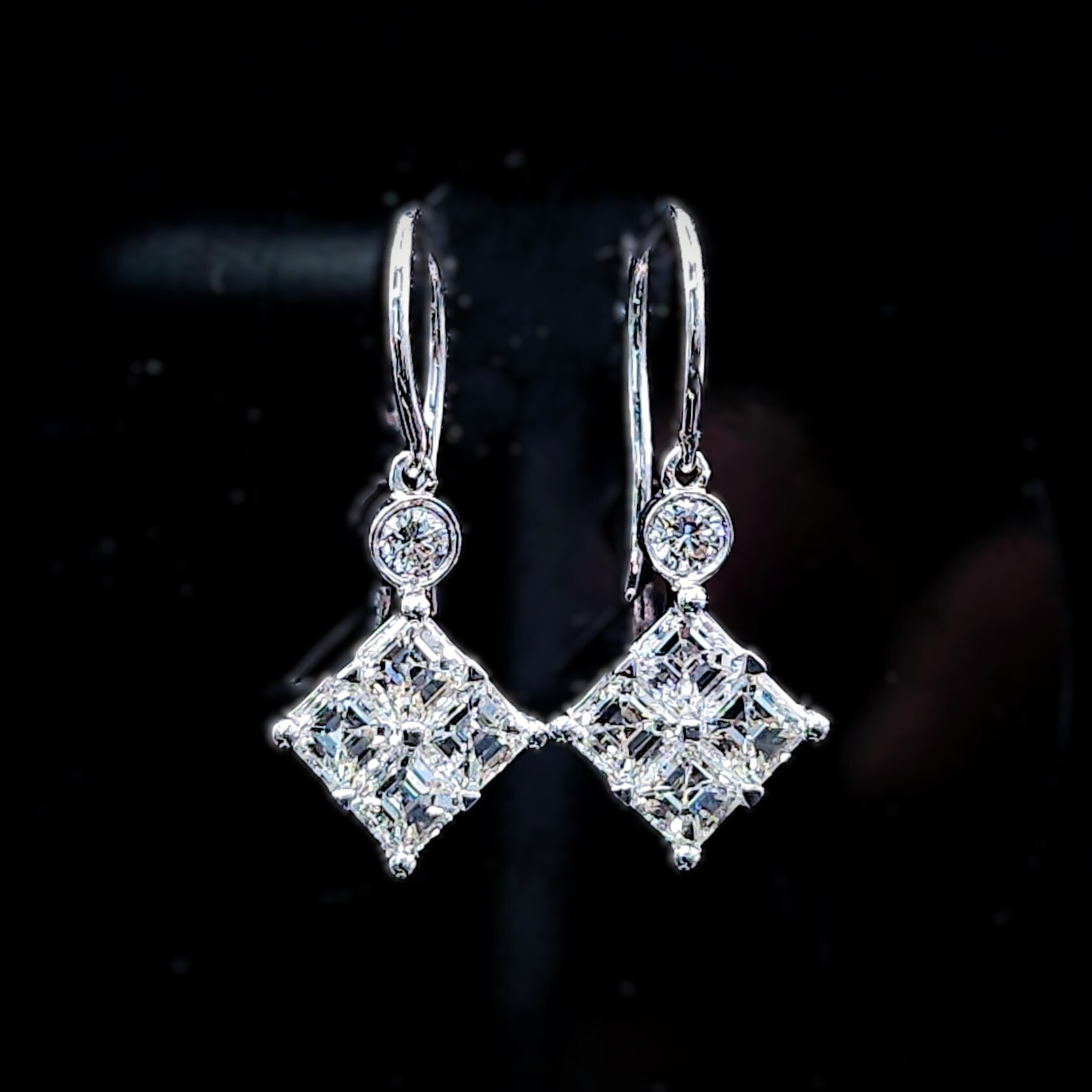 全新18K白金1卡38份方形鑽石吊耳環