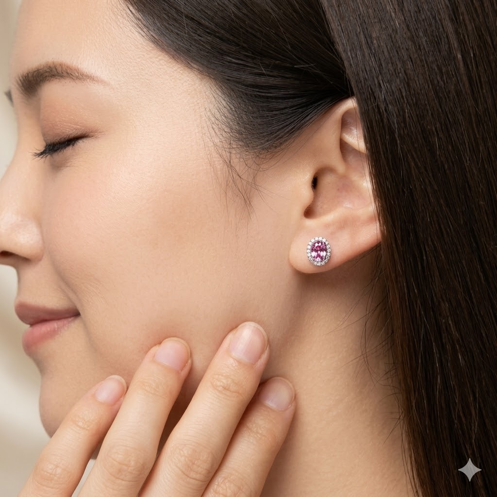 全新18K白金【主石1卡39份粉紅藍寶】配14份鑽石耳環