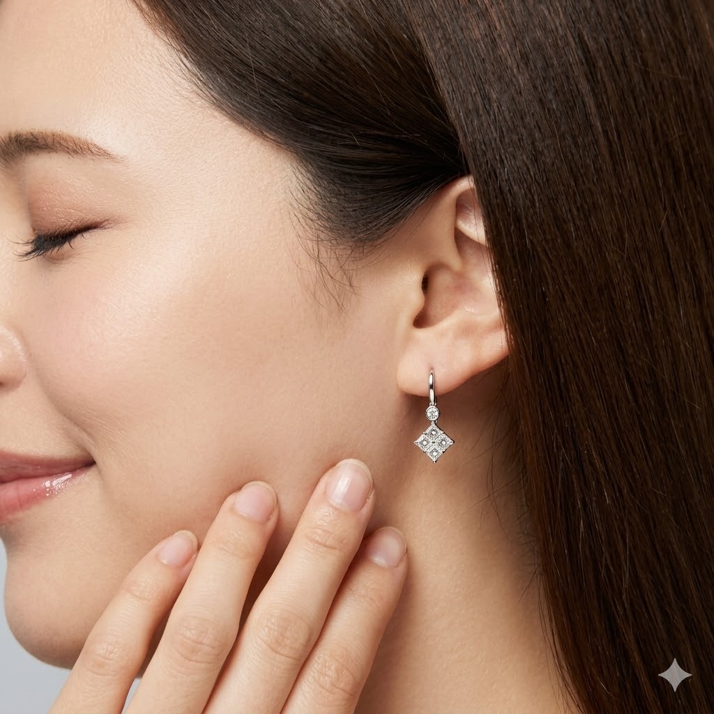 全新18K白金1卡38份方形鑽石吊耳環