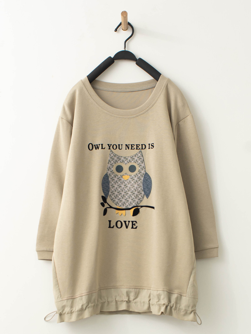 森林貓頭鷹植絨印花異材質七分袖上衣