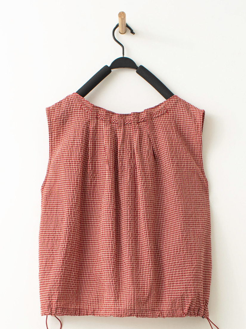 清新格紋領口抓褶蝴蝶結綁帶無袖背心